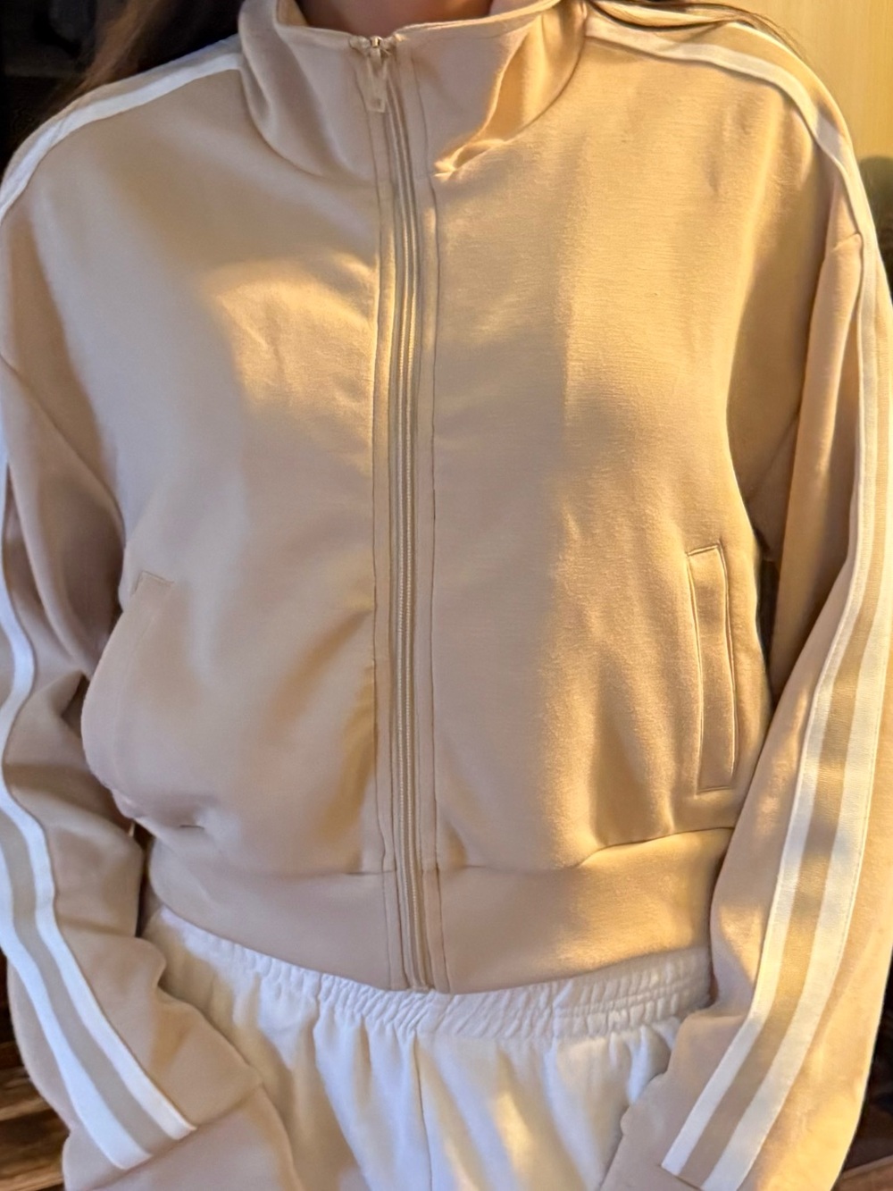 Love Tree Tan Sweatshirt Zip-up with White Stripe Sleeves